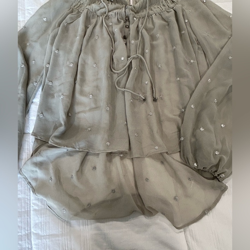 Free People sz. M long sleeve sheer blouse green polka dot - Picture 6 of 9